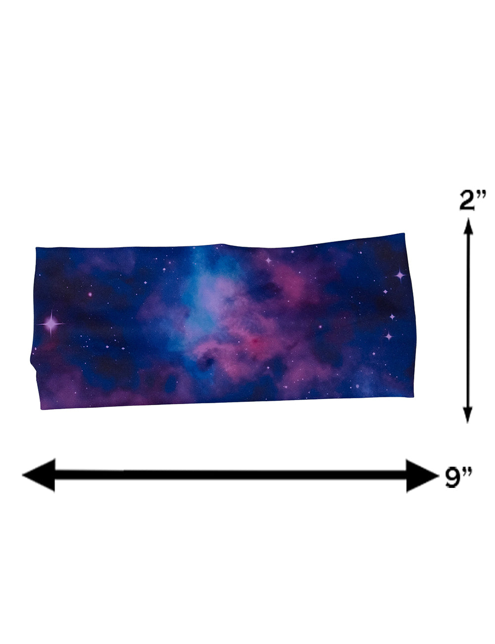 measurements for the purple and blue space headband, measurements are 2 inches by 9 inches