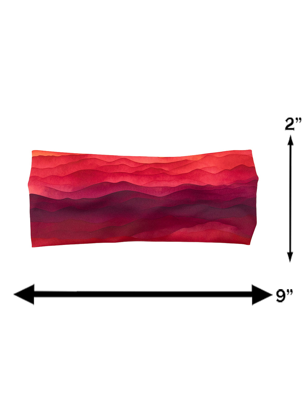 measurement graphic for the red, yellow, and orange sunset stripes headband, measurements include 2 inches by 9 inches