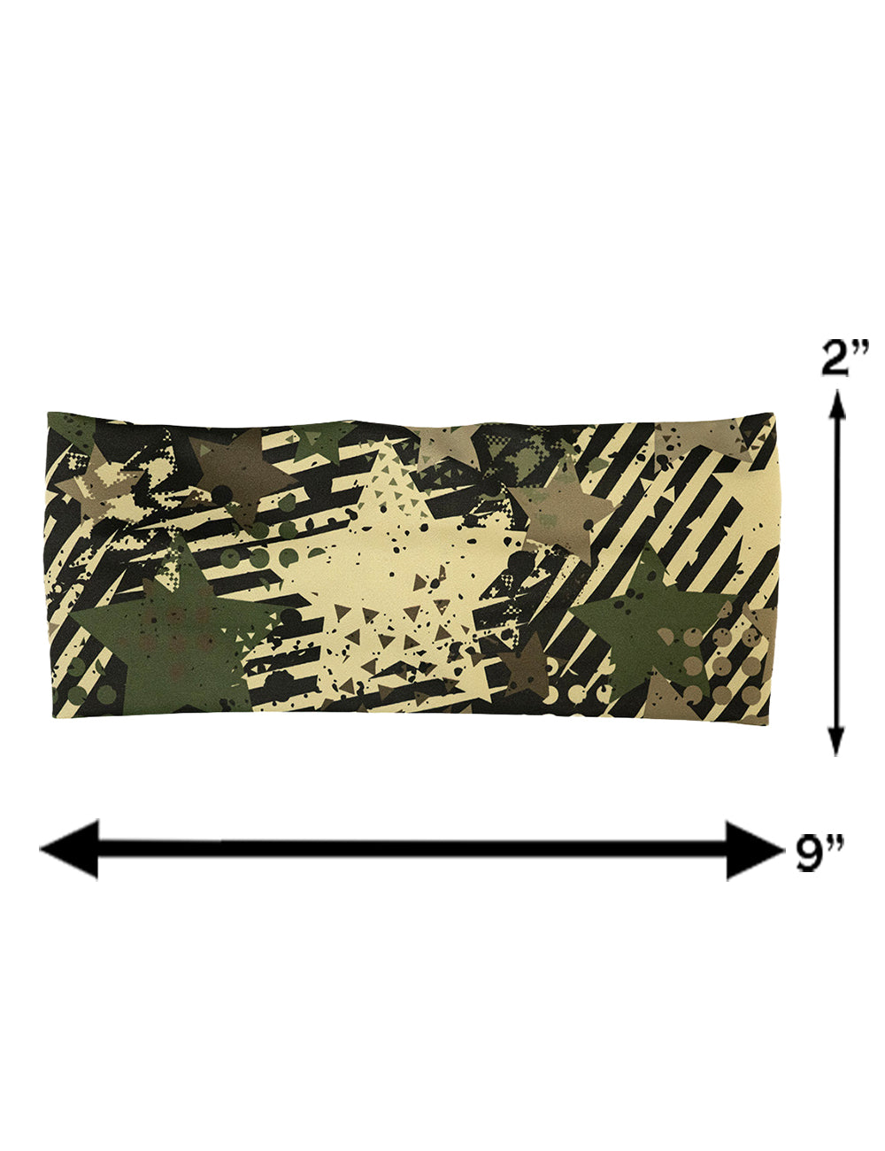measurement chart for the green camo stars and stripes headband, measurements are 2 inches by 9 inches