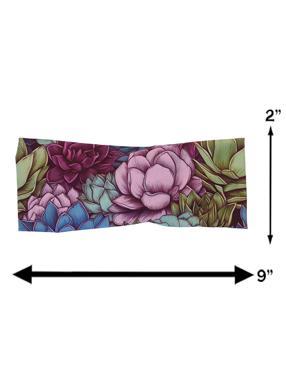 measuring graphic for the succulent flowers headband, measurements are 2 inches by 9 inches