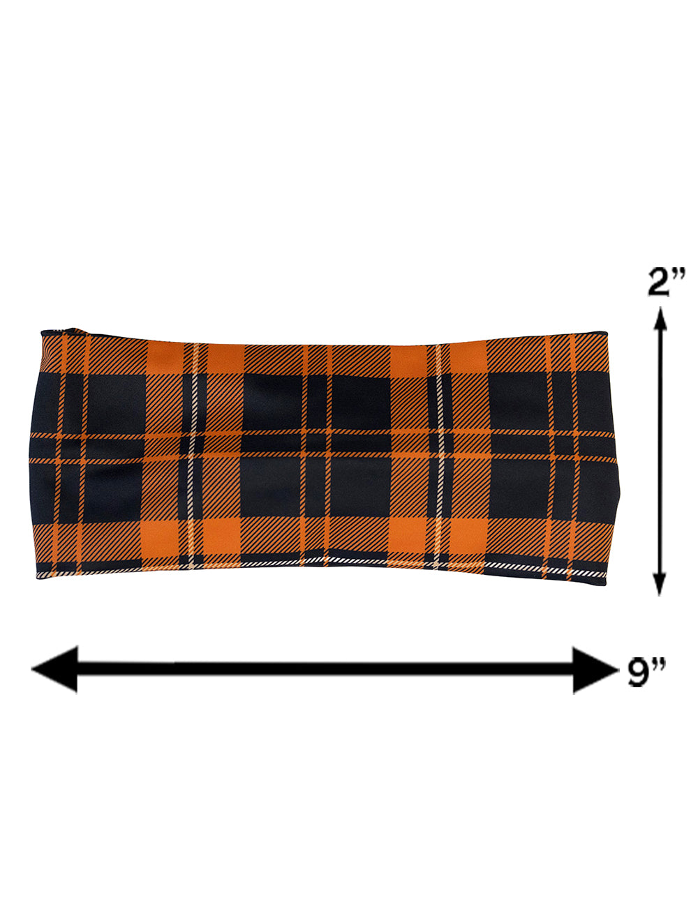 measurement chart for the orange plaid headband, measurements include 2 inches by 9 inches