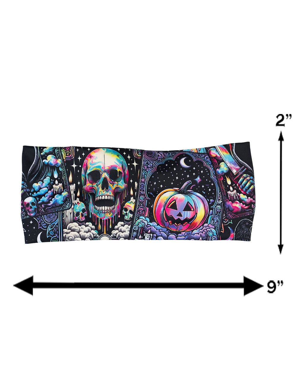 Colorful Halloween-themed headband with skulls, ghosts, and pumpkins measuring chart, measurements are 2 inches by 9 inches