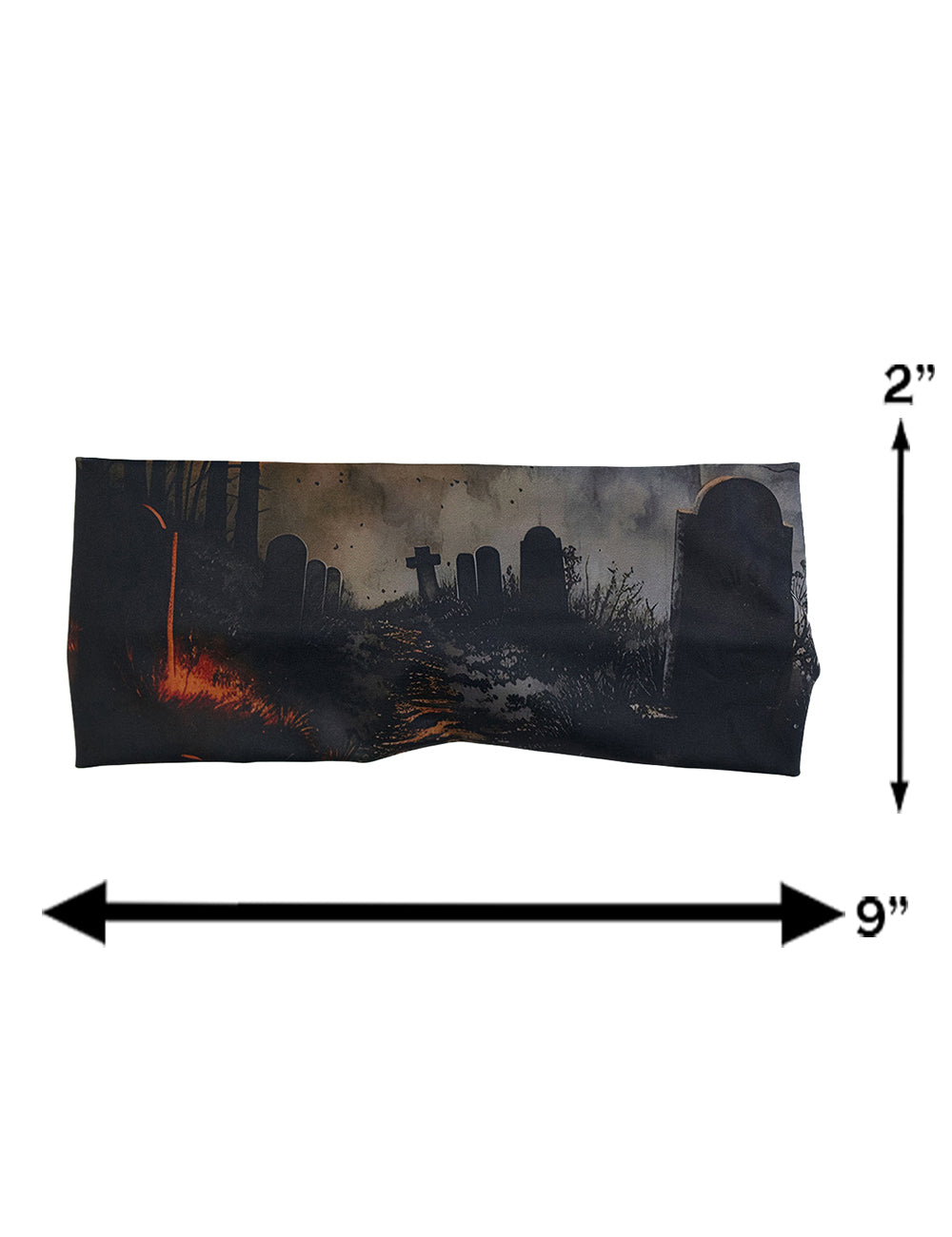 measuring chart for the spooky graveyard headband, measurements are 2 inches by 9