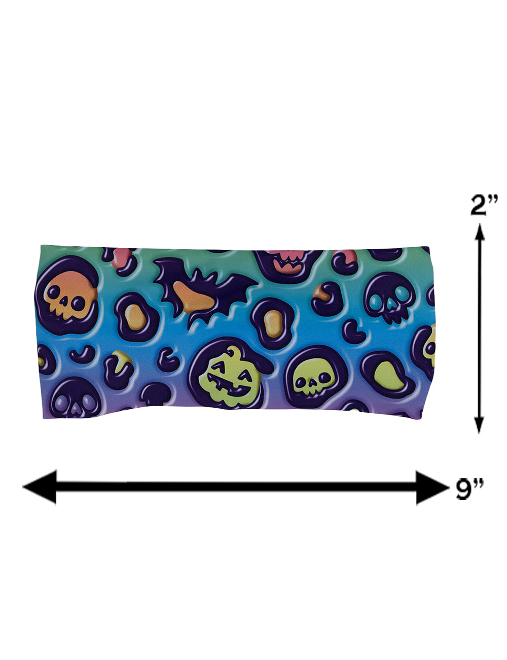 measurement chart for the rainbow leopard with bats, skulls, and jack o lanterns headband, measurements are 2 inches by 9 inches