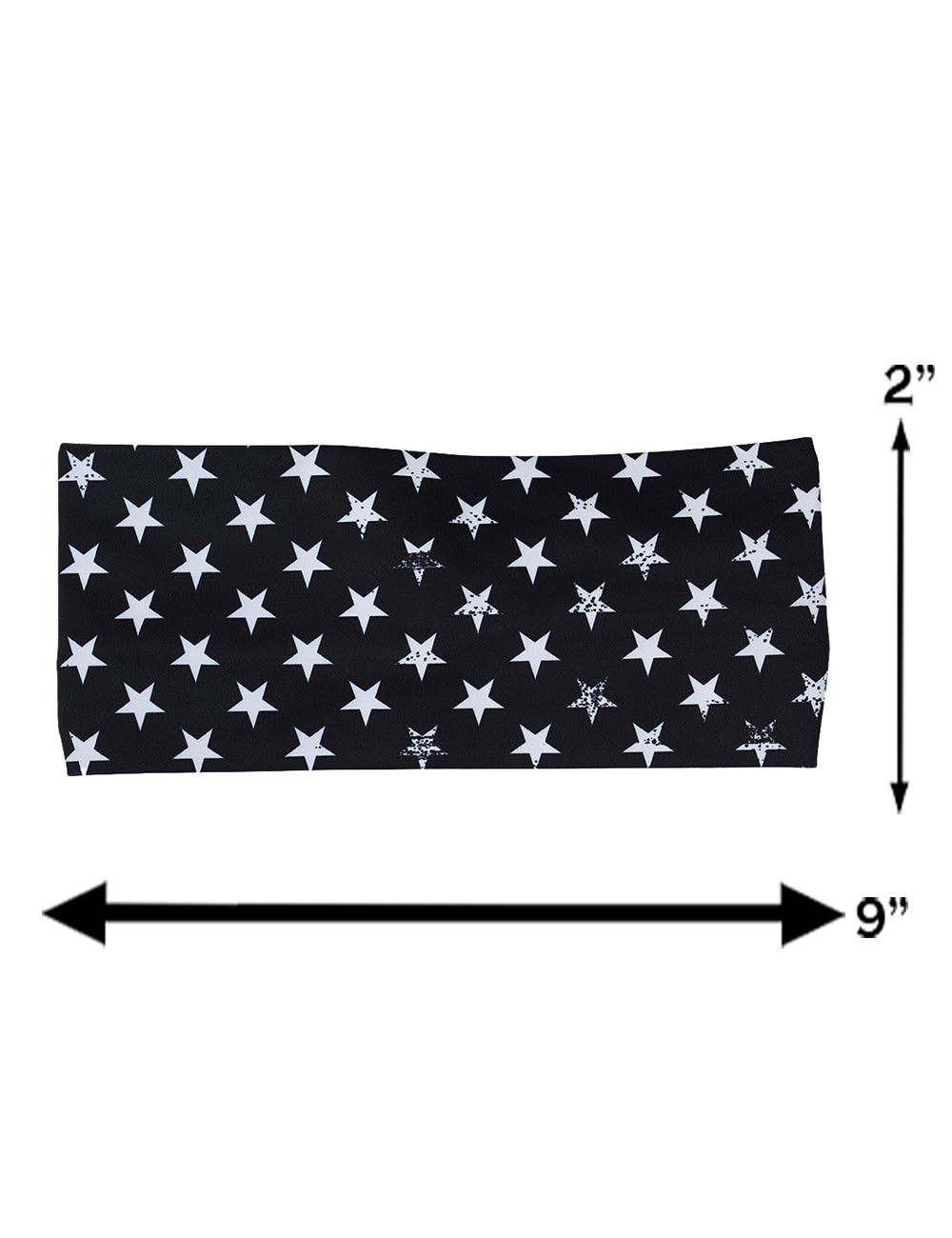 measurement chart for the black headband with white stars, measurements are 2 inches by 9 inches