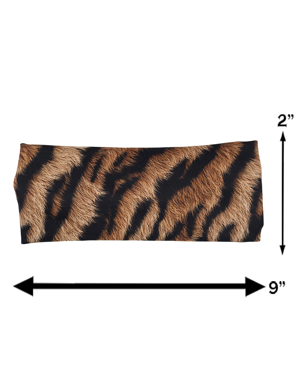 measurement chart for the tiger print headband, measurements are 2 inches by 9 inches