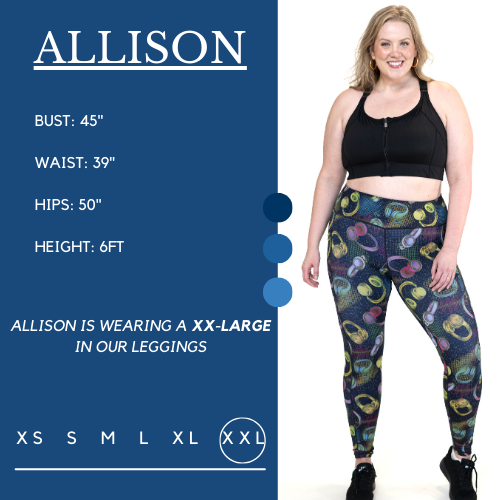 Model’s measurements of 45” bust, 39” waist, 50” hips and height of 6 ft. She is wearing a size double extra large in our leggings