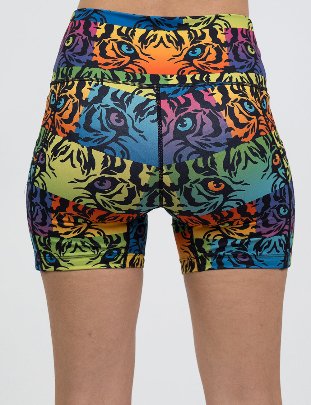 back of the 5 inch rainbow tiger print shorts against a white background