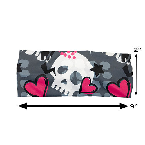 skull and heart pattern headband measured at 2 by 9 inches