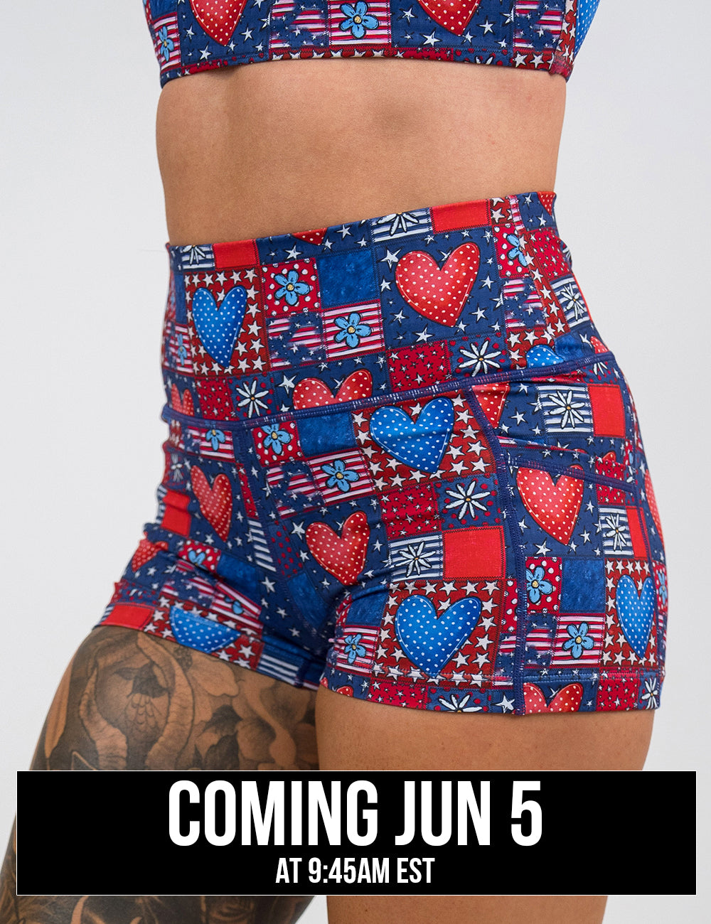 front of the 2.5 inch patchwork american flag with red and blue hearts pattern shorts against a white background, coming june 5th