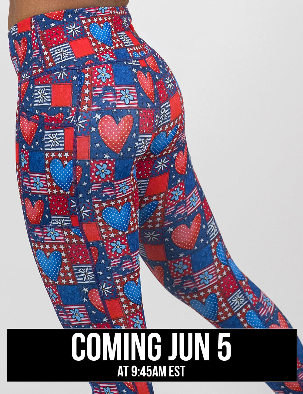back of the red white and blue with hearts and flowers patchwork pattern leggings against a white background, coming june 5th