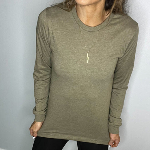 model wearing heather olive long sleeve shirt