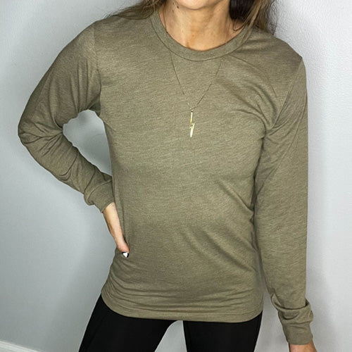 model wearing heather olive long sleeve shirt