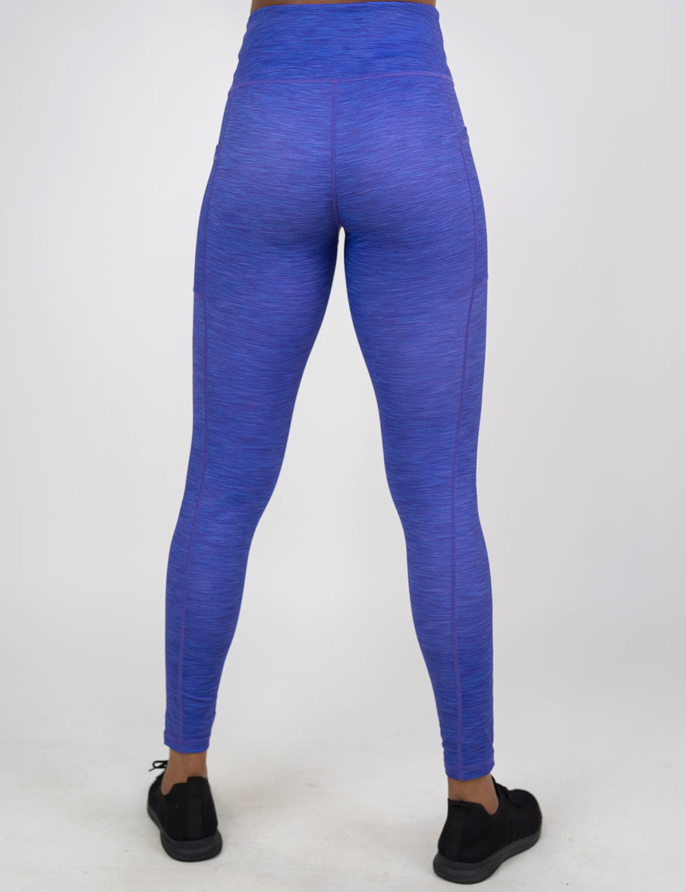 back of the full length purple heather pattern leggings against a white background