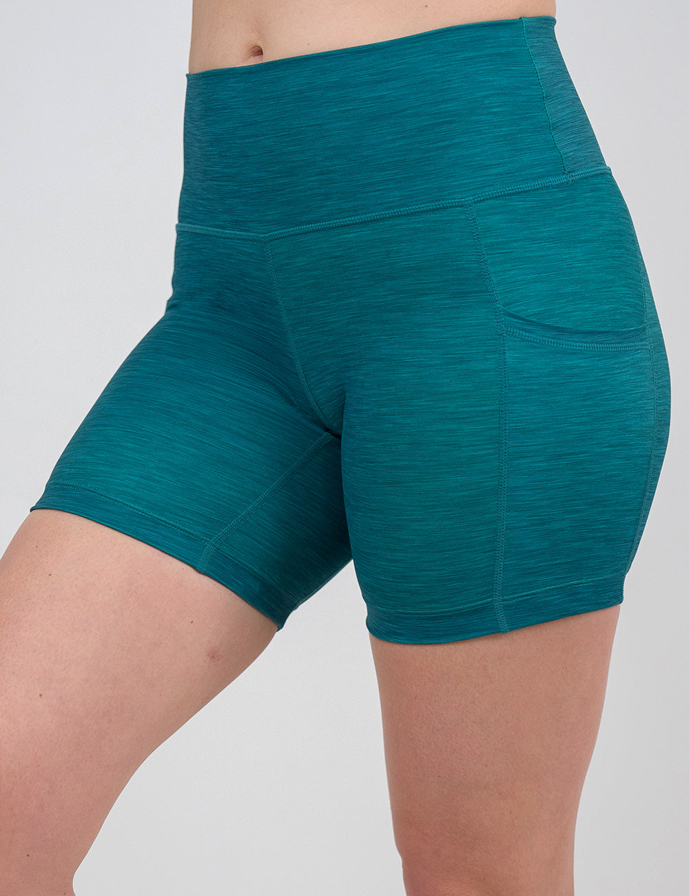 front of the 5 inch teal heather pattern shorts against a white background