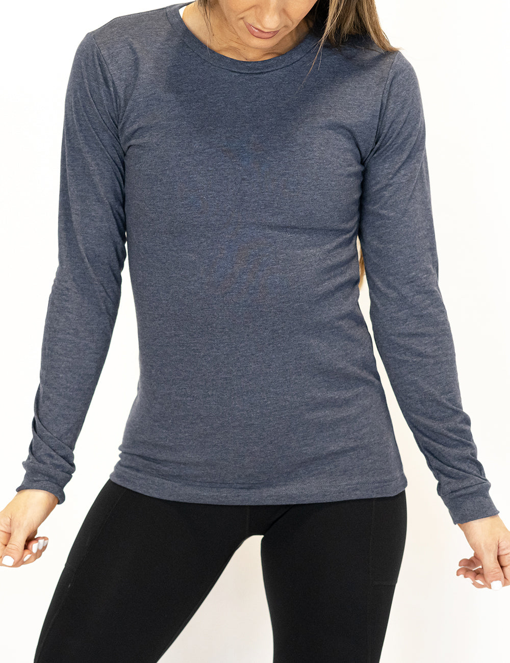 front of the dark navy heather pattern long sleeve shirt in front of a white background