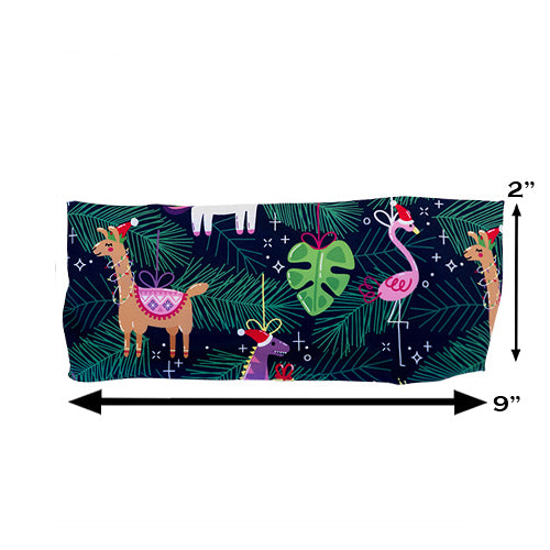 holiday ornament patterned headband measured at 2 inches by 9 inches