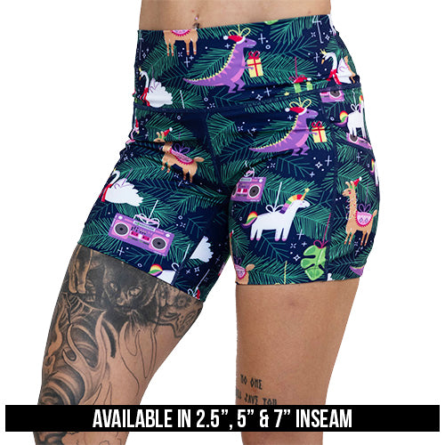 holiday ornament patterned shorts available in 2.5, 5 and 7 inch inseams