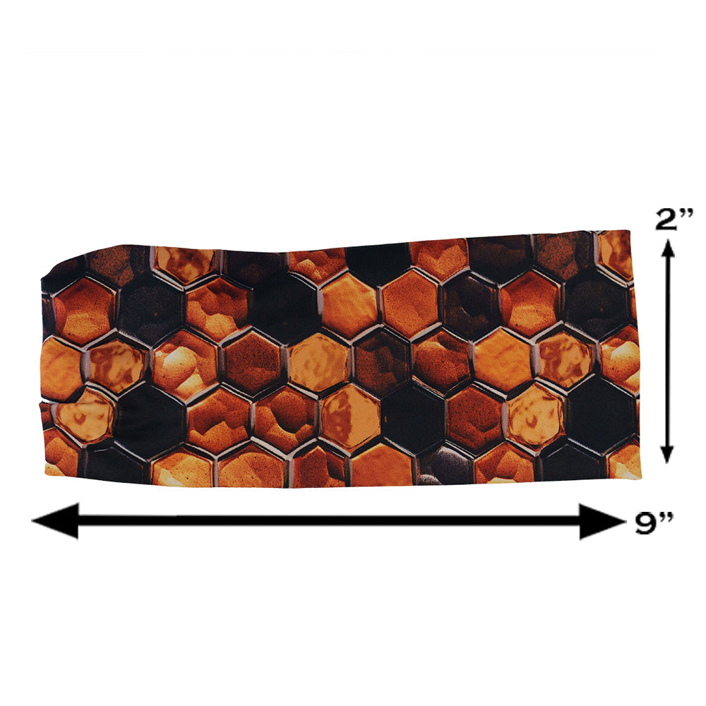 honeycomb patterned headband measured at 2 by 9 inches
