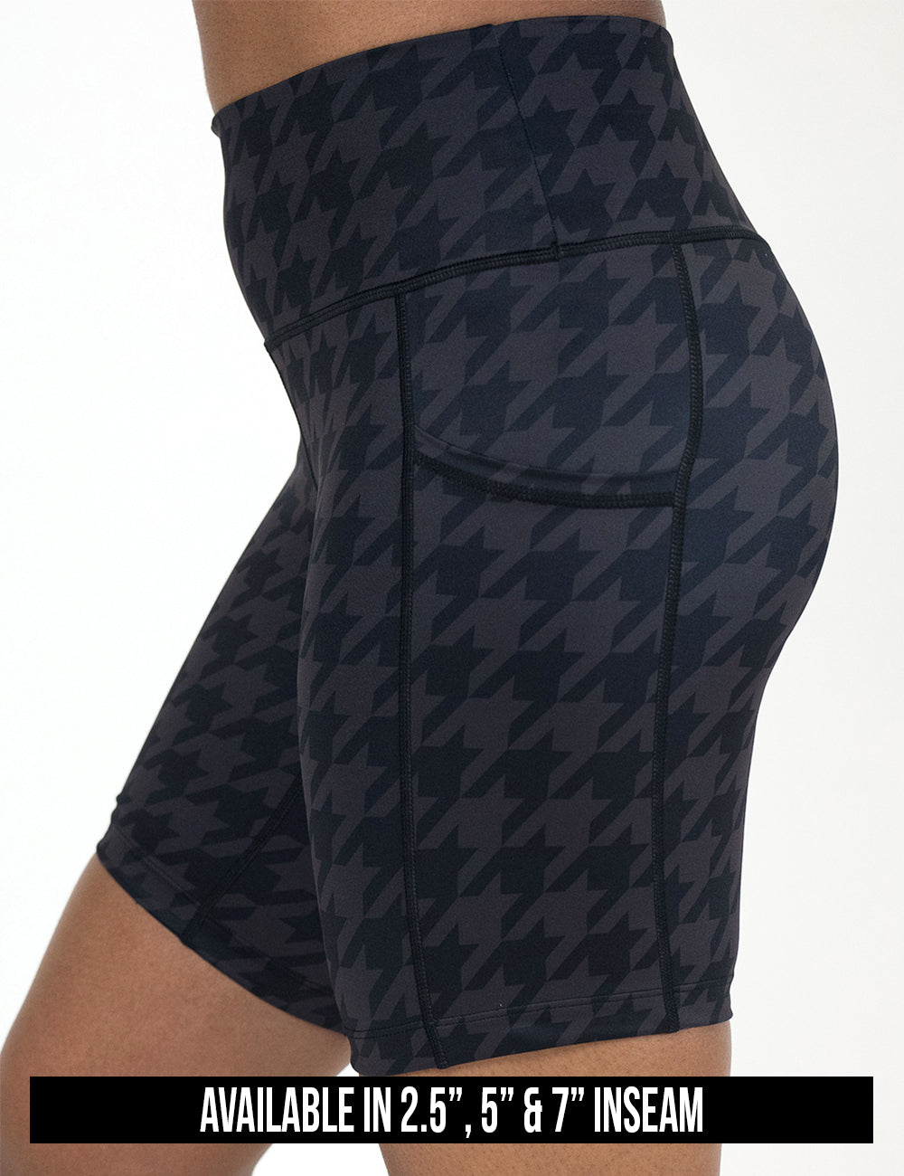 available inseam lengths for the dark houndstooth pattern shorts. Lengths include 2.5, 5, and 7 inches