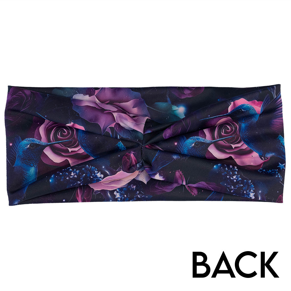 back of the headband with a design of a blue hummingbird and pink roses