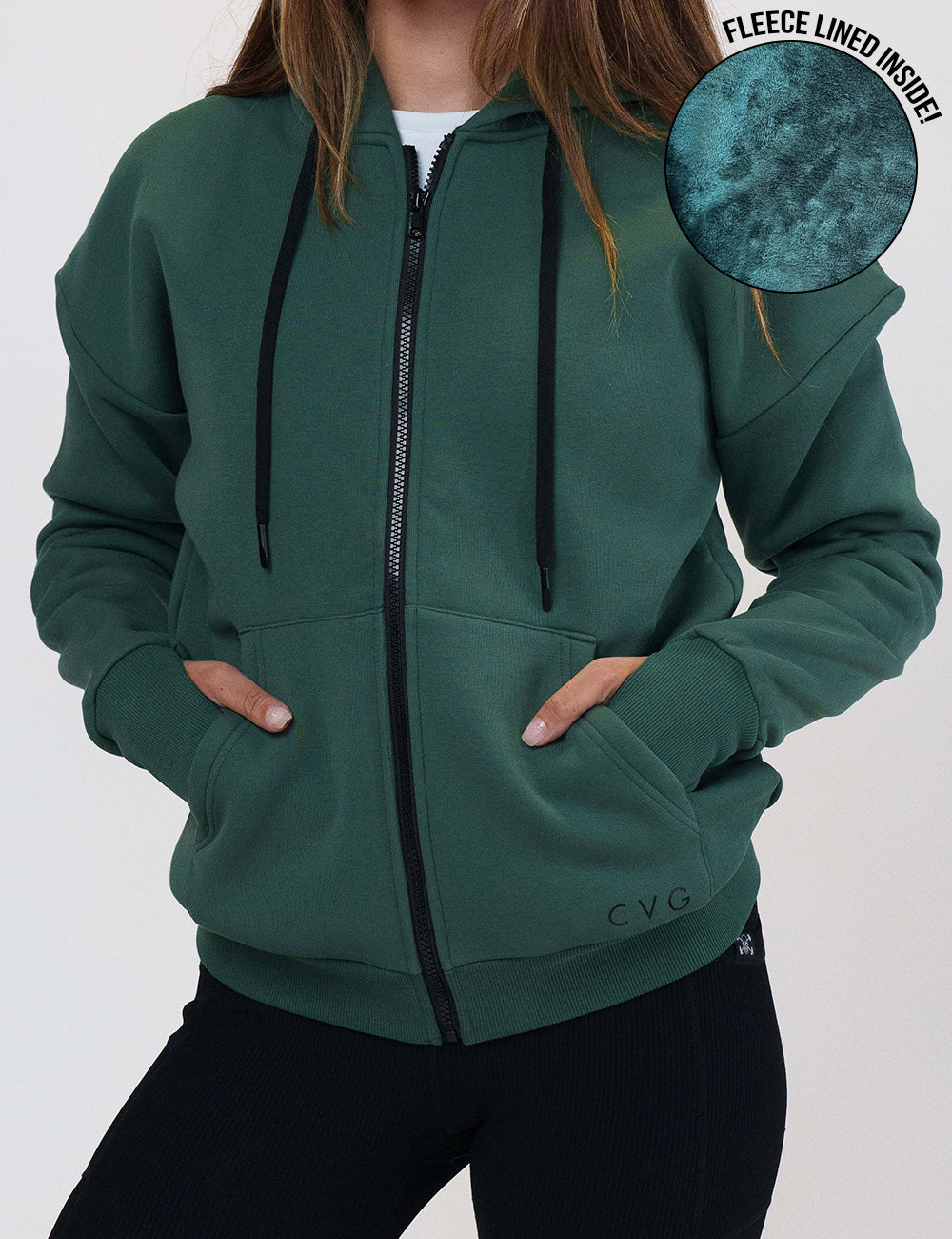 close up of the fleece inside the hunter green fleece zip up
