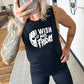 model wearing a black colored tank top that has a quote saying "I Wish It Was Friday" in white