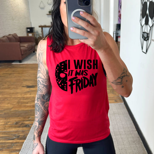 model wearing a red colored tank top that has a quote saying "I Wish It Was Friday" in black