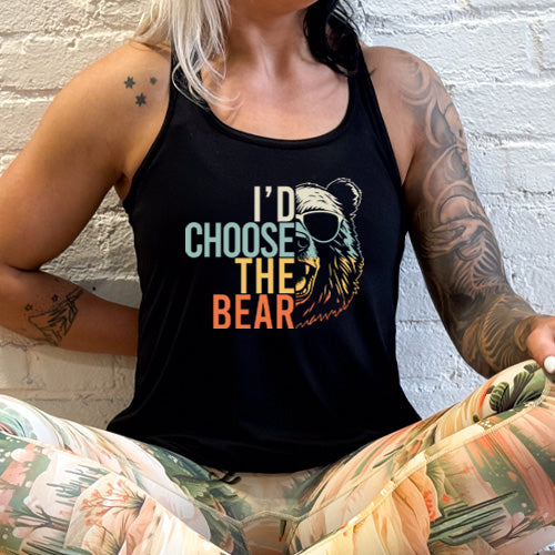 model wearing the  I'd Choose The Bear Tank Top and oasis leggings