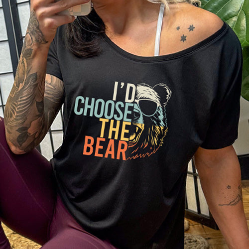 model wearing the black I'd Choose The Bear slouchy tee