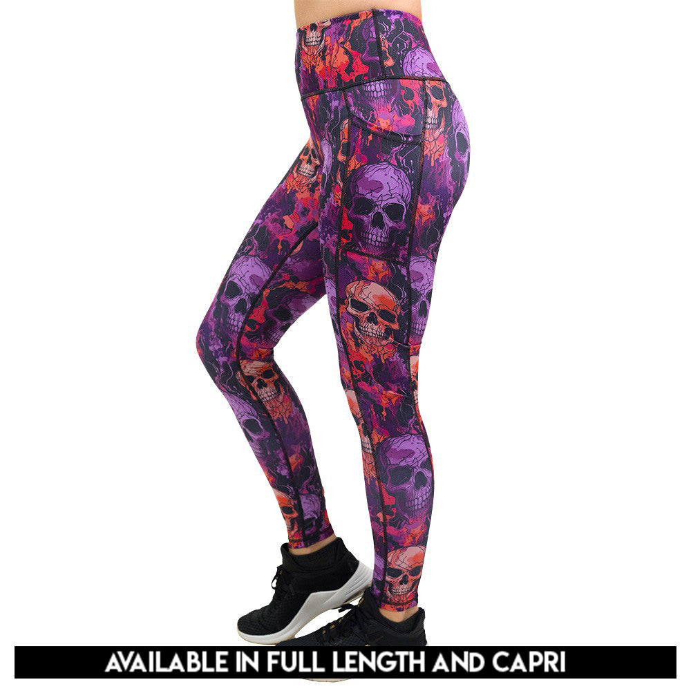 purple and orange skull patterned leggings