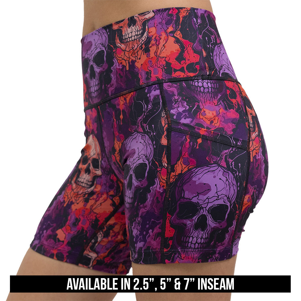 purple and orange skull patterned shorts