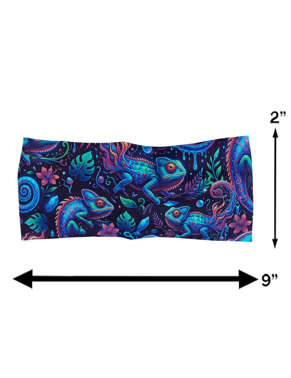 measurements for the orange, blue, and red chameleons headband, measurements are 2 inches by 9 inches