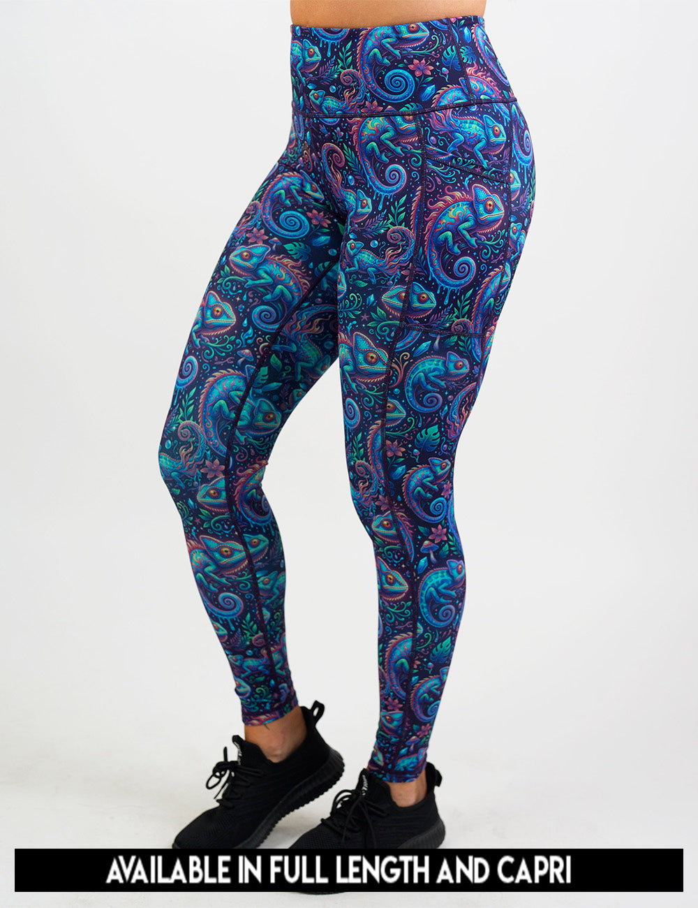 available lengths for the orange, blue, and red chameleons surrounded by plants leggings, lengths include full length and capri