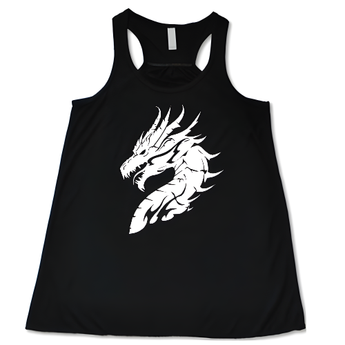 black unisex racerback shirt with a white dragon head graphic on it