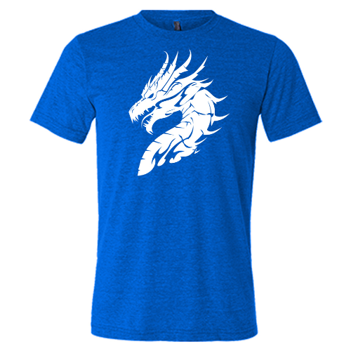 blue unisex shirt with a white dragon head graphic on it