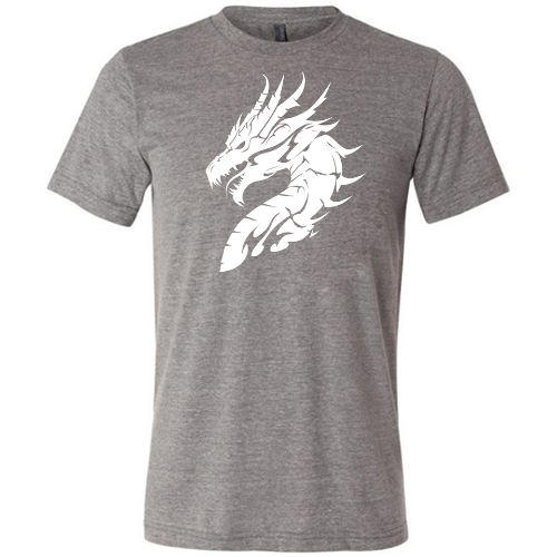 grey unisex shirt with a white dragon head graphic on it