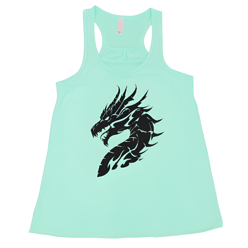 mint unisex racerback shirt with a black dragon head graphic on it