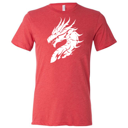 red unisex shirt with a white dragon head graphic on it