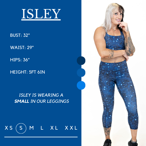 Model’s measurements of 32” bust, 29” waist, 36” hips and height of 5 ft 6 inches. She is wearing a size small in our leggings