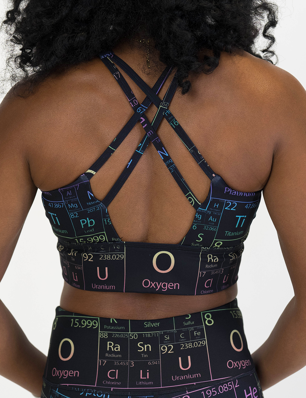 back of the black sports bra with periodic table design against a white background