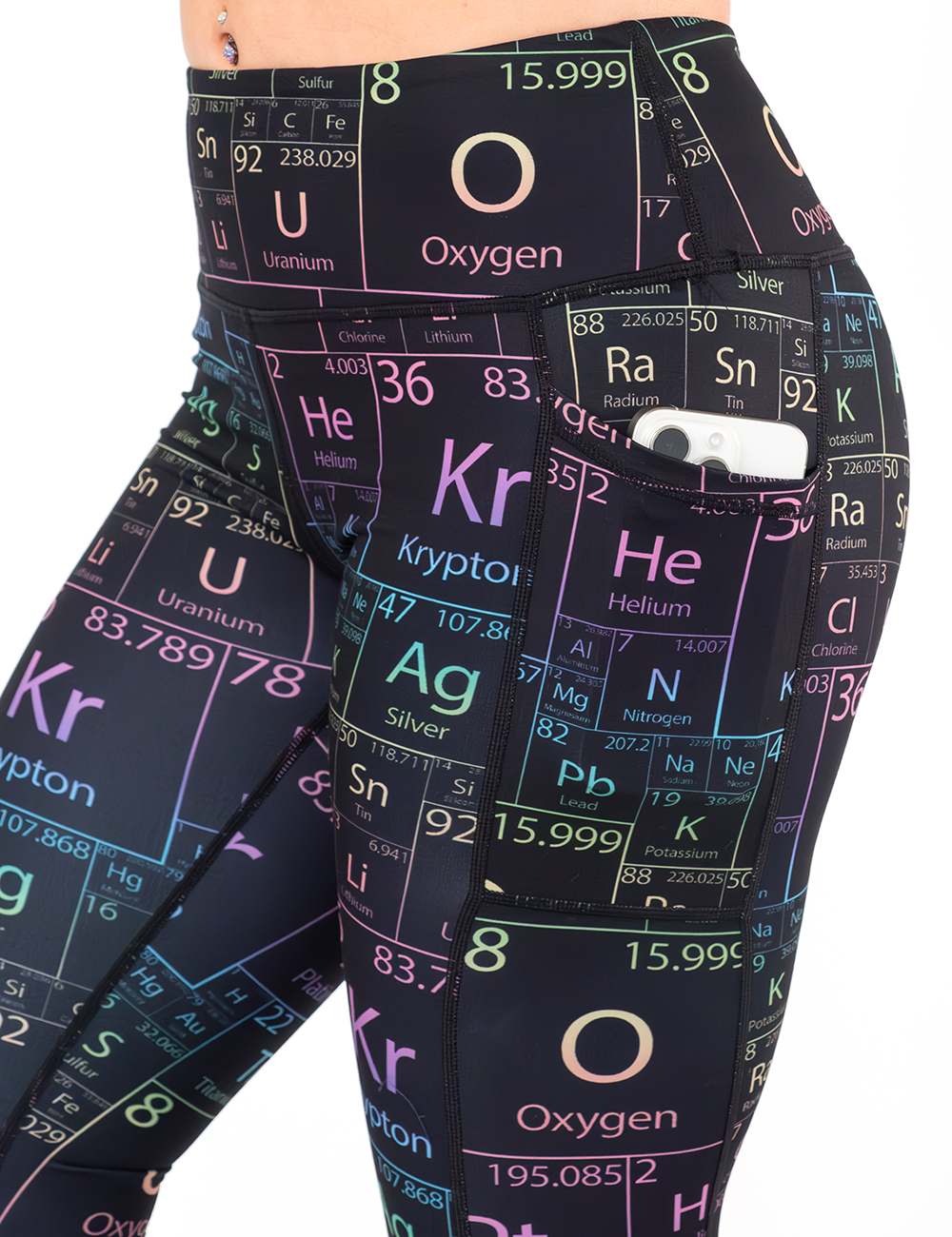 close up of the periodic table leggings with a phone in the pocket