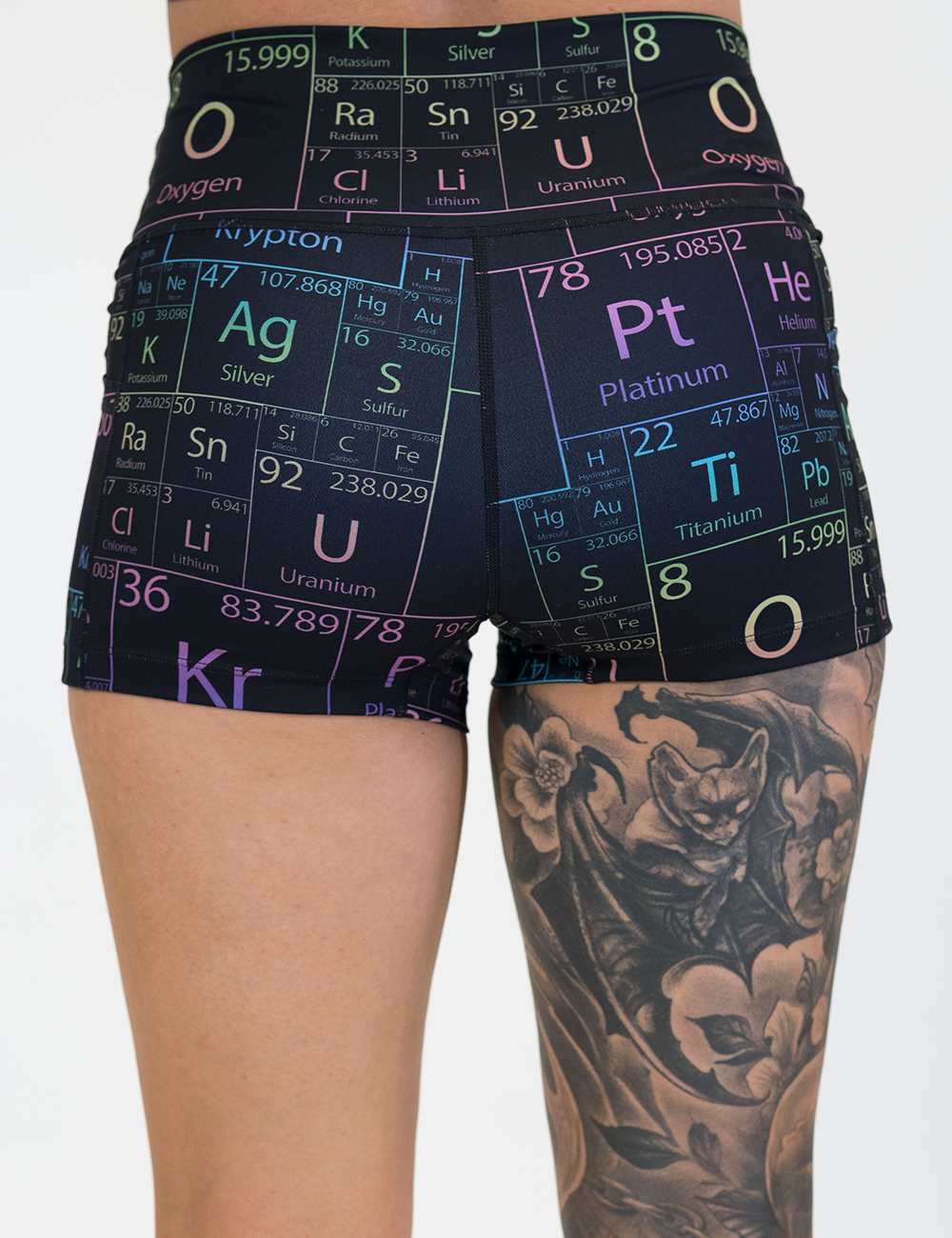 back of the 2.5 inch black periodic table background shorts against a white background