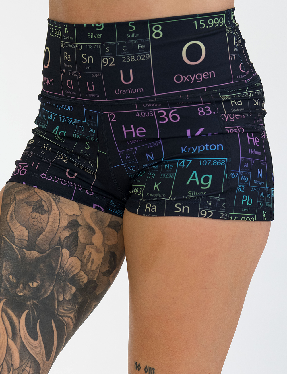 front of the 2.5 inch black with a periodic table pattern shorts against a white background
