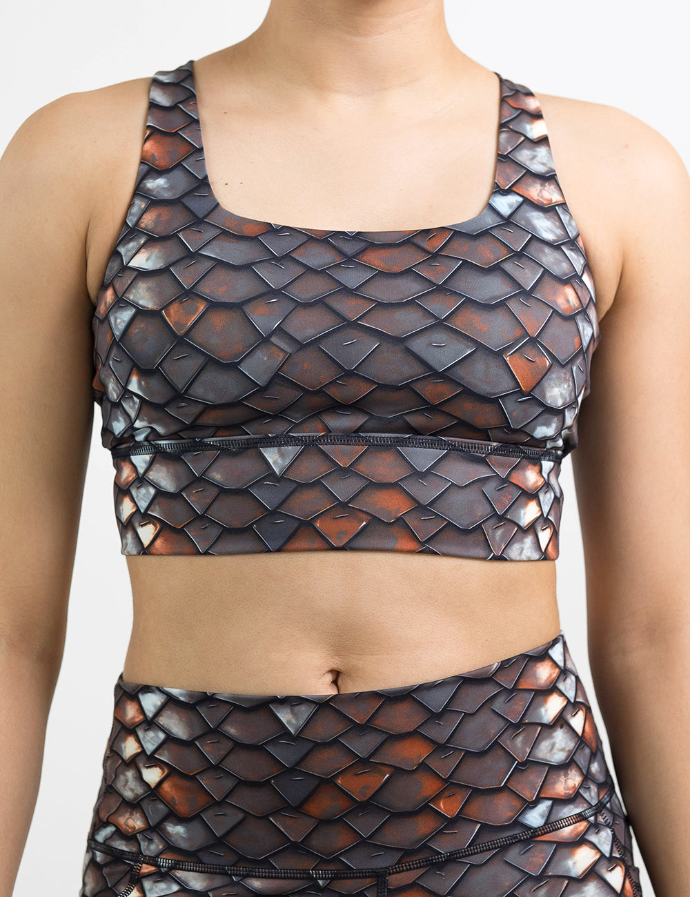 front of the iron scales longline bra against a white background