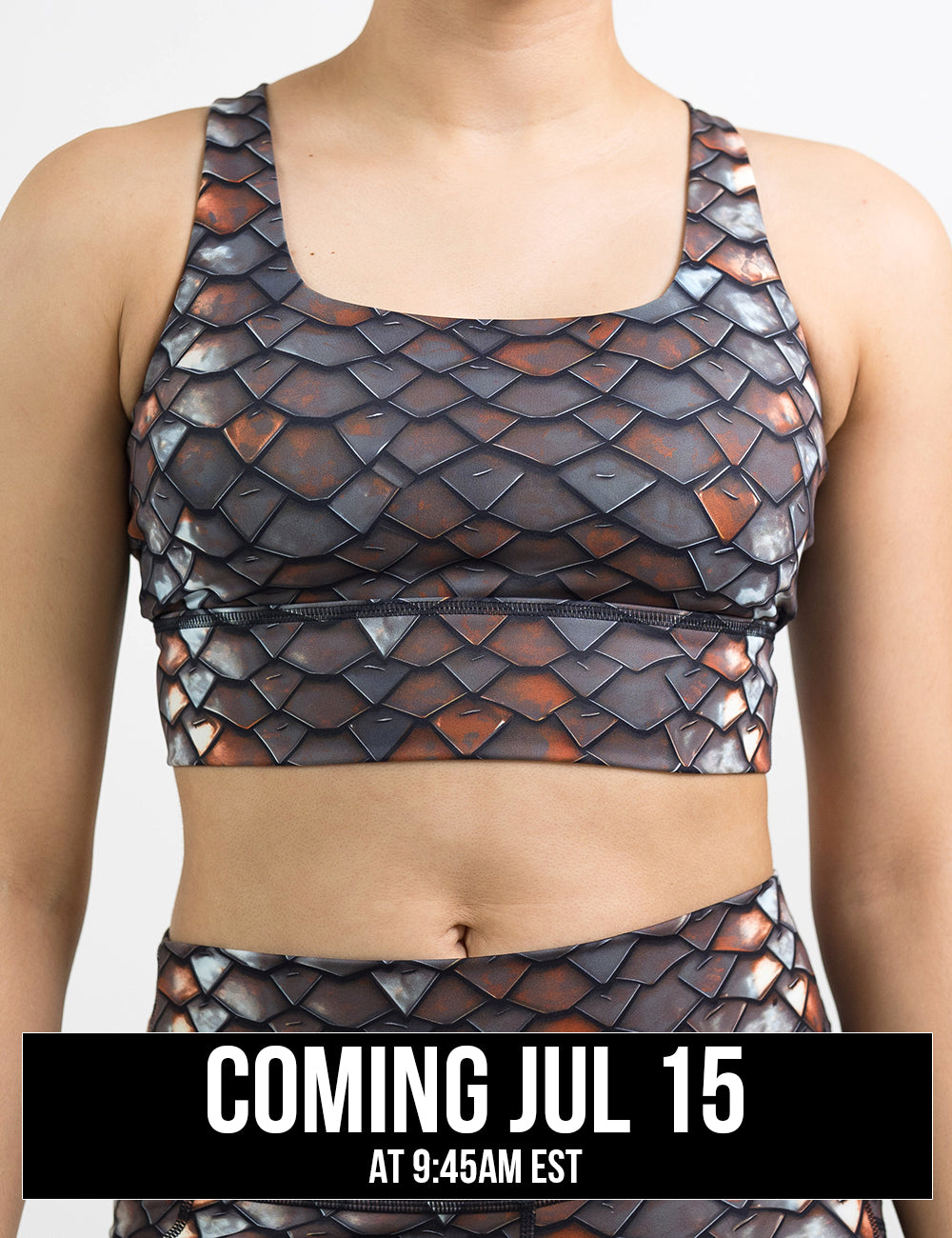 front of the iron scales longline bra against a white background, coming july 15th