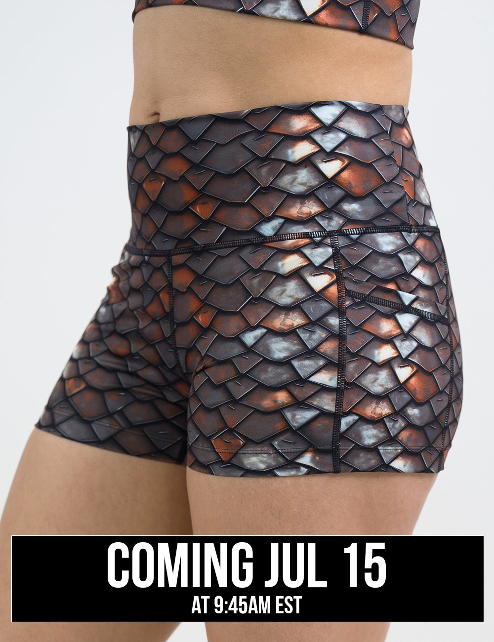 front of the 2.5 inch iron sheet pattern shorts against a white background, coming july 15th