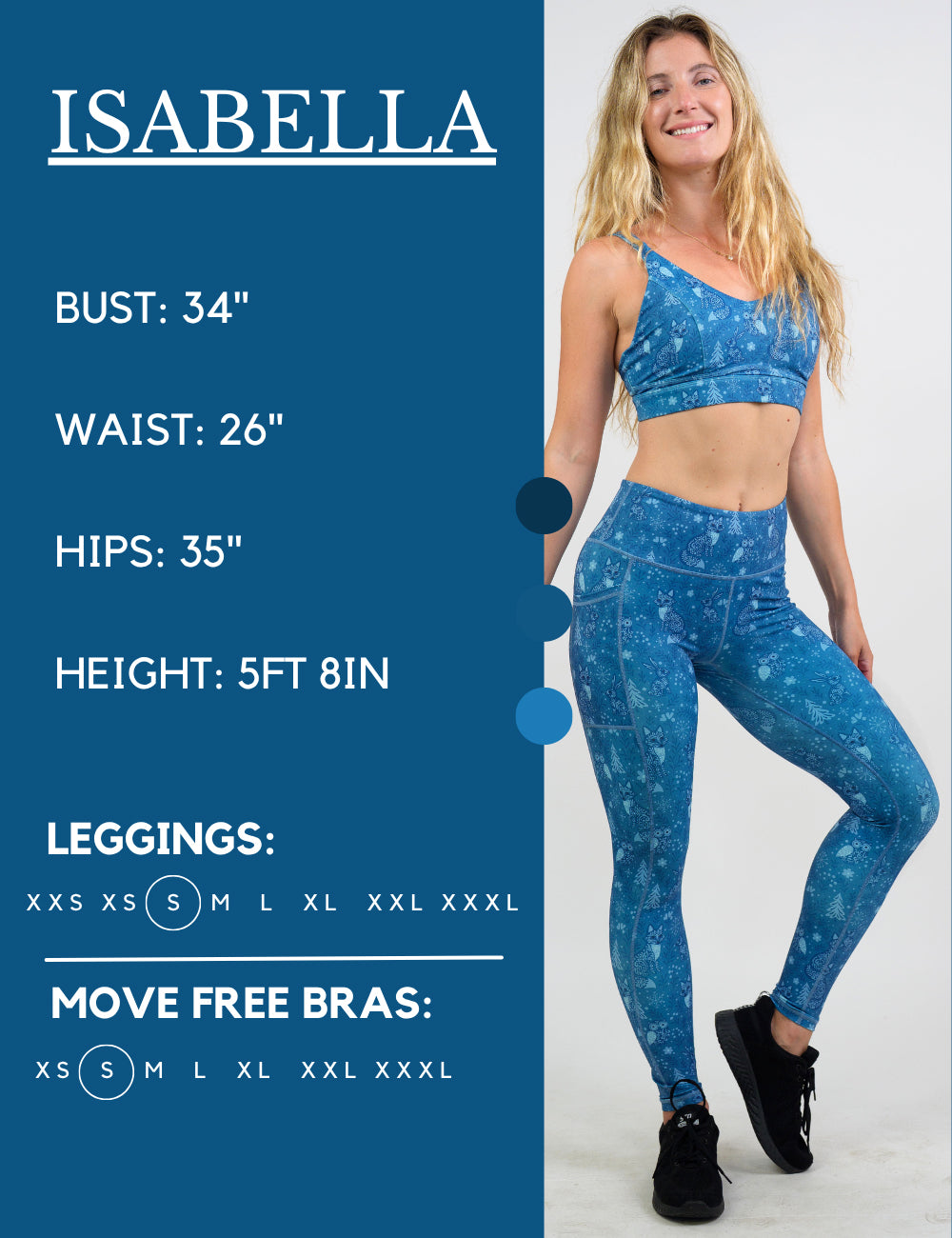 Model’s measurements of 34” bust, 26” waist, 35” hips and height of 5 ft 8 inches. She is wearing a size small in our leggings