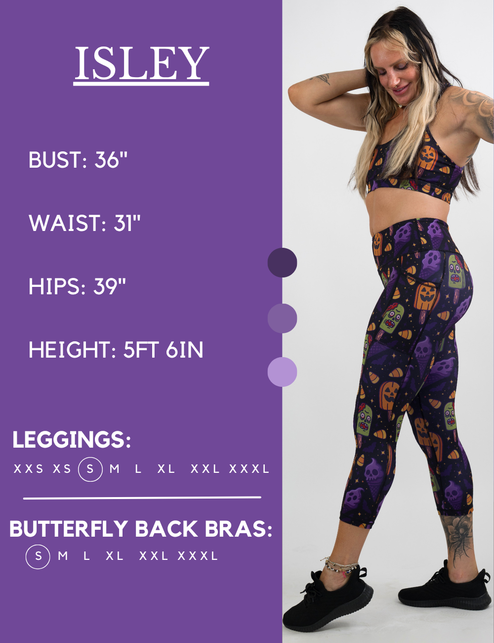 Model’s measurements of 36” bust, 31” waist, 39” hips and height of 5 ft 6 inches. She is wearing a size small in our leggings