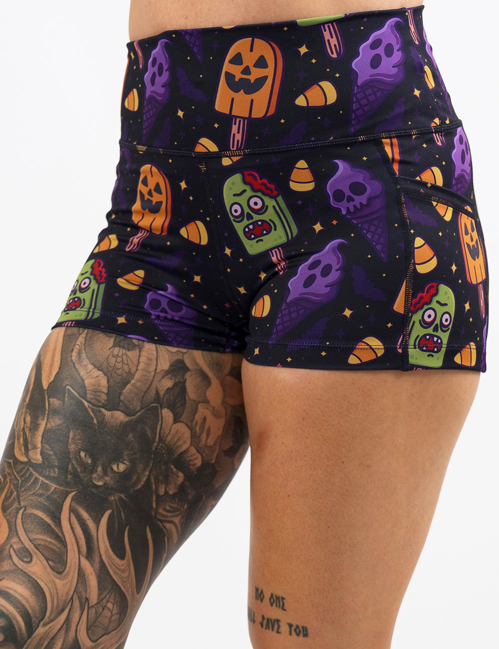 front of the zombie, jack o lantern, and ghost ice cream's 2.5 inch shorts against a white background